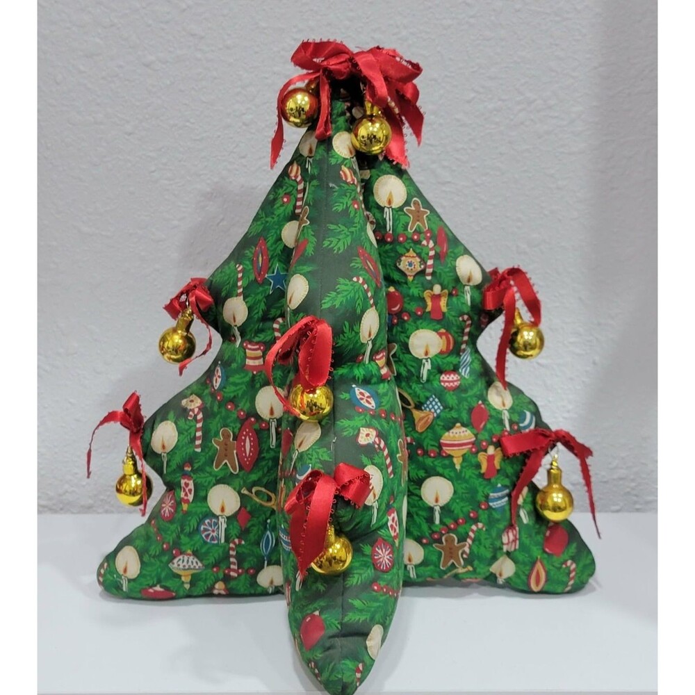 Vintage Hand Sewn Holly Fabric Christmas Tree Stuffed Plush w/ Ornaments Ribbon